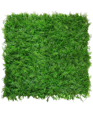 La fougère/conifère de haie artificielle 50x50 cm est un tapis dense et carré de feuillage vert vif avec de petites folioles, vu de dessus sur un fond blanc, ressemblant à une haie verte naturelle et luxuriante avec une surface texturée uniforme.
