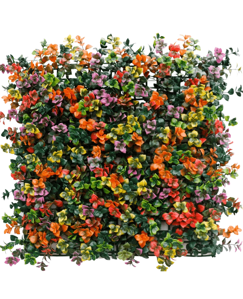 La Haie Artificielle Pachysandra multicolore 50x50 cm UV est un panneau carré composé de feuilles vertes artificielles denses et de petites fleurs oranges, roses, jaunes et violettes pour un effet jardin vertical coloré et vivant.