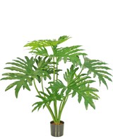 De Kunstplant Philodendron 80 cm is een kunstplant met grote, glanzende, diep gelobde groene bladeren tegen een effen witte achtergrond.
