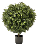 Kunst Buxus op stam UV d60 cm: Decoratieve kunstvorm met dicht rond groen gebladerte in een zwarte pot, weergegeven op een witte achtergrond. Een UV-logo met zonnepictogram linksboven geeft aan dat het product UV-bestendig is.