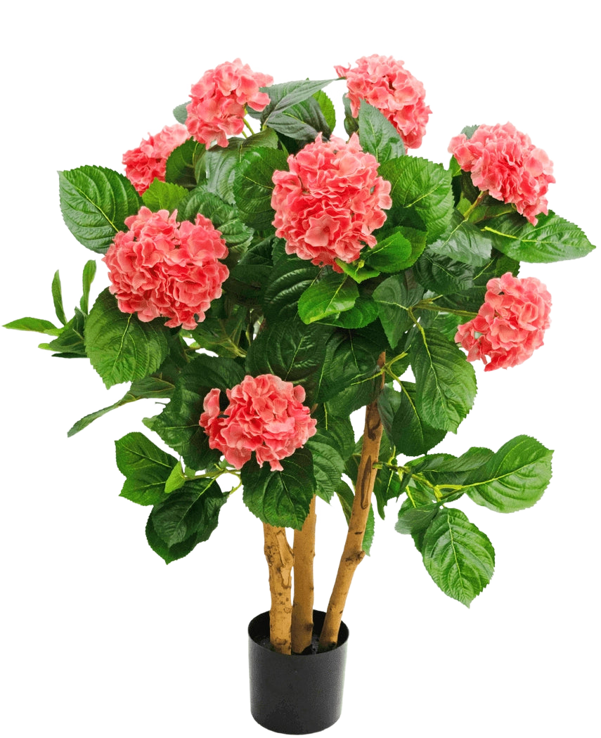 L'hortensia artificiel UV 85 cm rose a plusieurs tiges, de larges feuilles vertes et des fleurs d'hortensia roses dans un pot noir, ce qui offre un contraste vivant et une apparence réaliste.