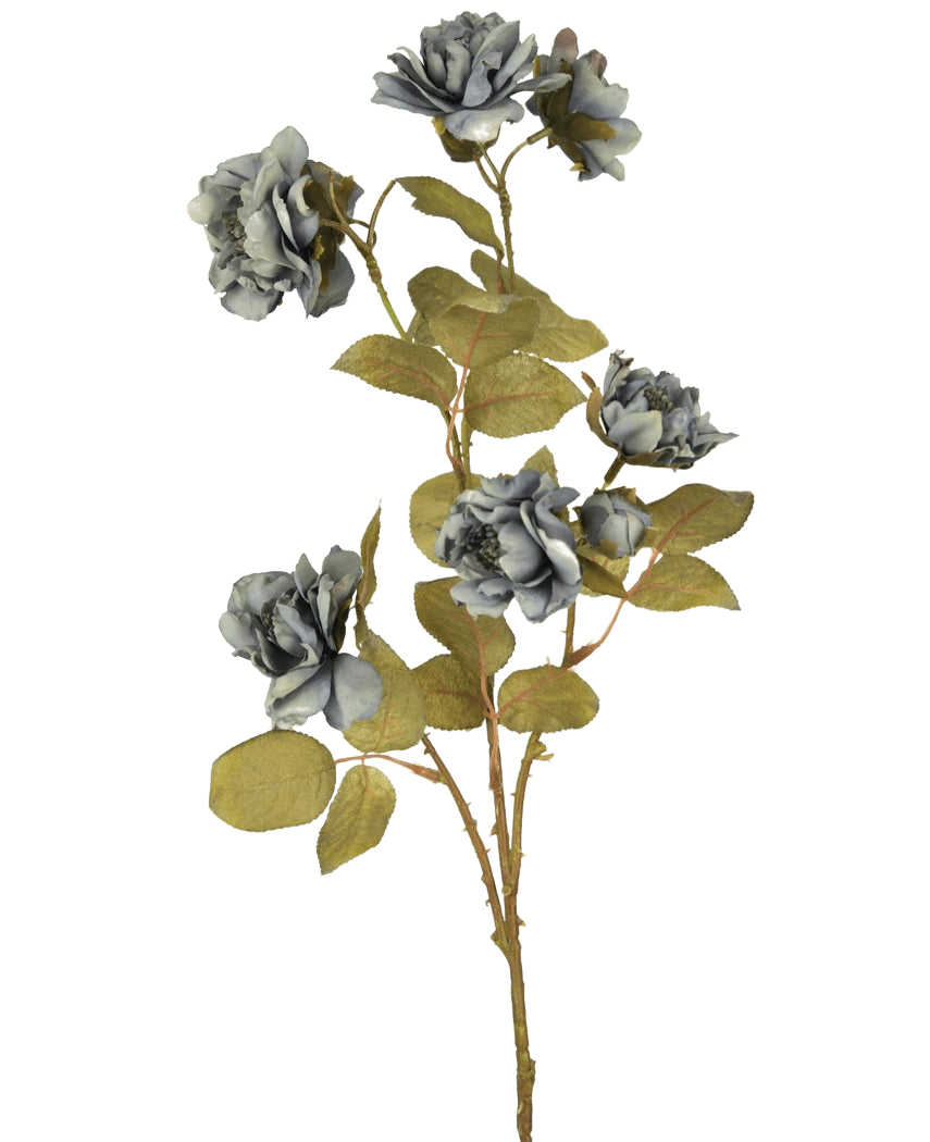 La Rose Artificielle Nero 68 cm bleue présente plusieurs roses artificielles gris-bleu avec des feuilles vertes sur de fines tiges brunes sur un fond blanc uni.