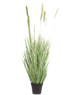 Plante de gazon artificiel vert 160 cm ignifuge a des lames longues et fines et des têtes de graines dans un petit pot noir. Idéale comme fausse plante élégante et ignifuge pour n'importe quelle pièce.