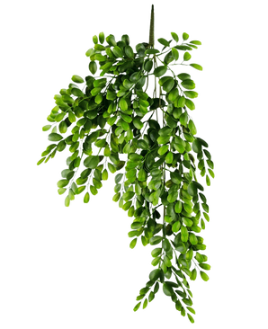 De Kunst hangplant Pumila 86 cm is een trapsgewijze kunsttak met dichte, kleine ovale groene bladeren op slanke stelen, geïsoleerd afgebeeld op een witte achtergrond.