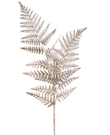 Une seule branche artificielle d'asperge argentée de 125 cm, avec des tiges ressemblant à des fougères séchées brun clair avec de fines feuilles plumeuses, sur un fond blanc uni.