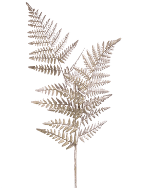 Une seule branche artificielle d'asperge argentée de 125 cm, avec des tiges ressemblant à des fougères séchées brun clair avec de fines feuilles plumeuses, sur un fond blanc uni.